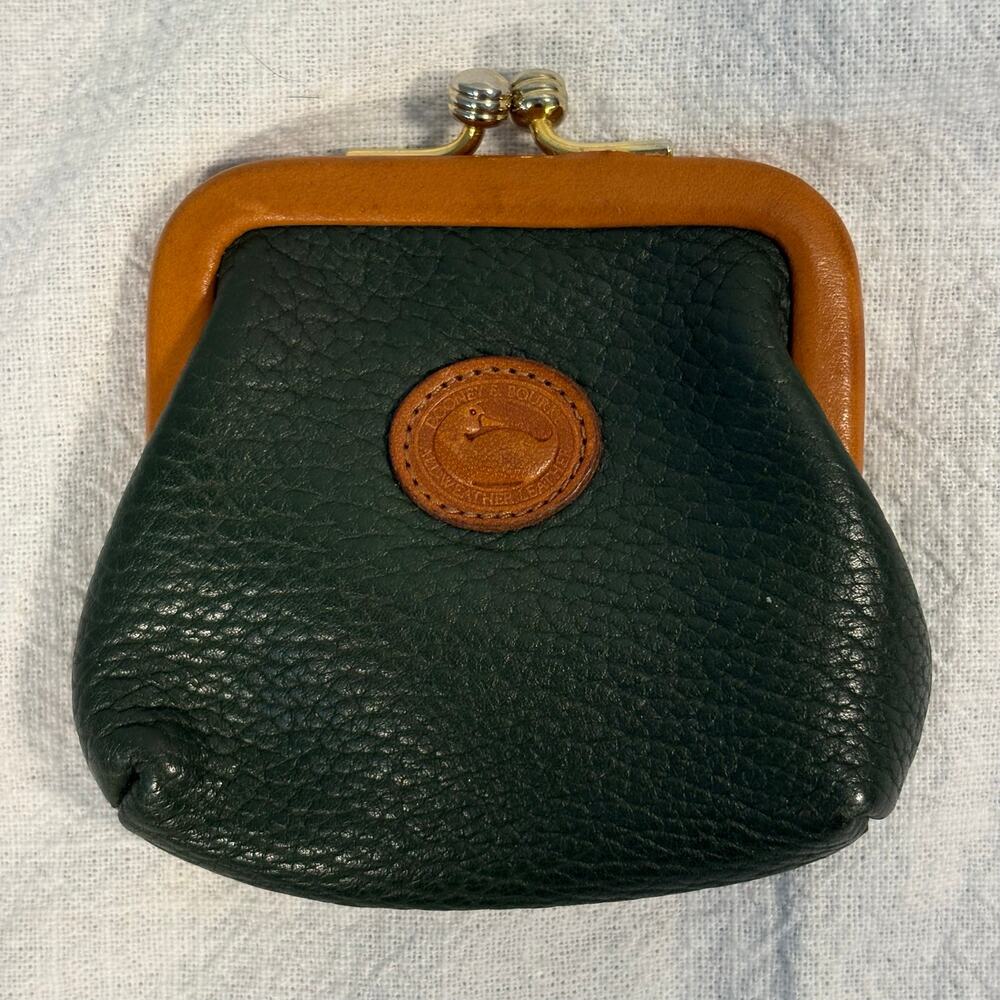 Vintage Dooney & Bourke AWL Coin Purse Dark Green Tan Leather Kisslock Duck Logo